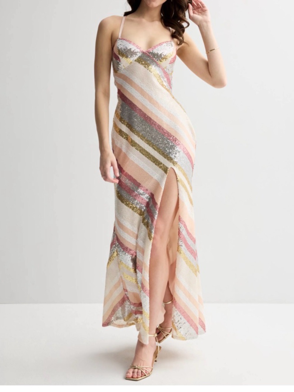 Sequin Striped Pink & Gold Maxi Dress with Slit